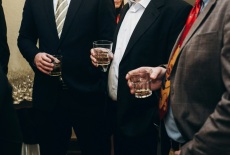 Handsome Stylish Man With Alcohol Drink Posing At Business Dinner Party, Corporate Suit Man Holding